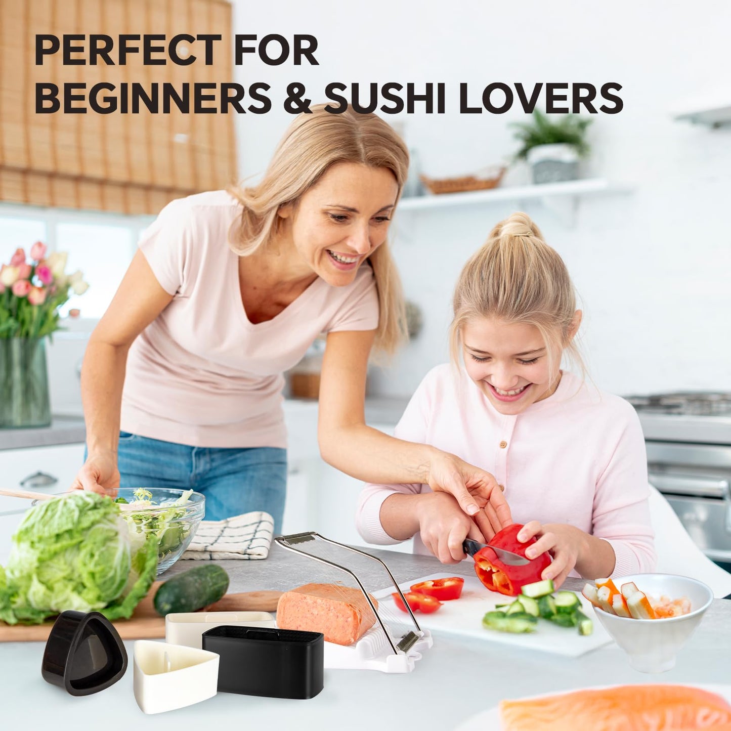 Musubi Press Mold Kit, Includes 2 Musubi Makers, 2 Onigiri Molds, 2 Rice Paddles, Temaki Roller & Luncheon Meat Slicer – Easy to Clean, Dishwasher Safe
