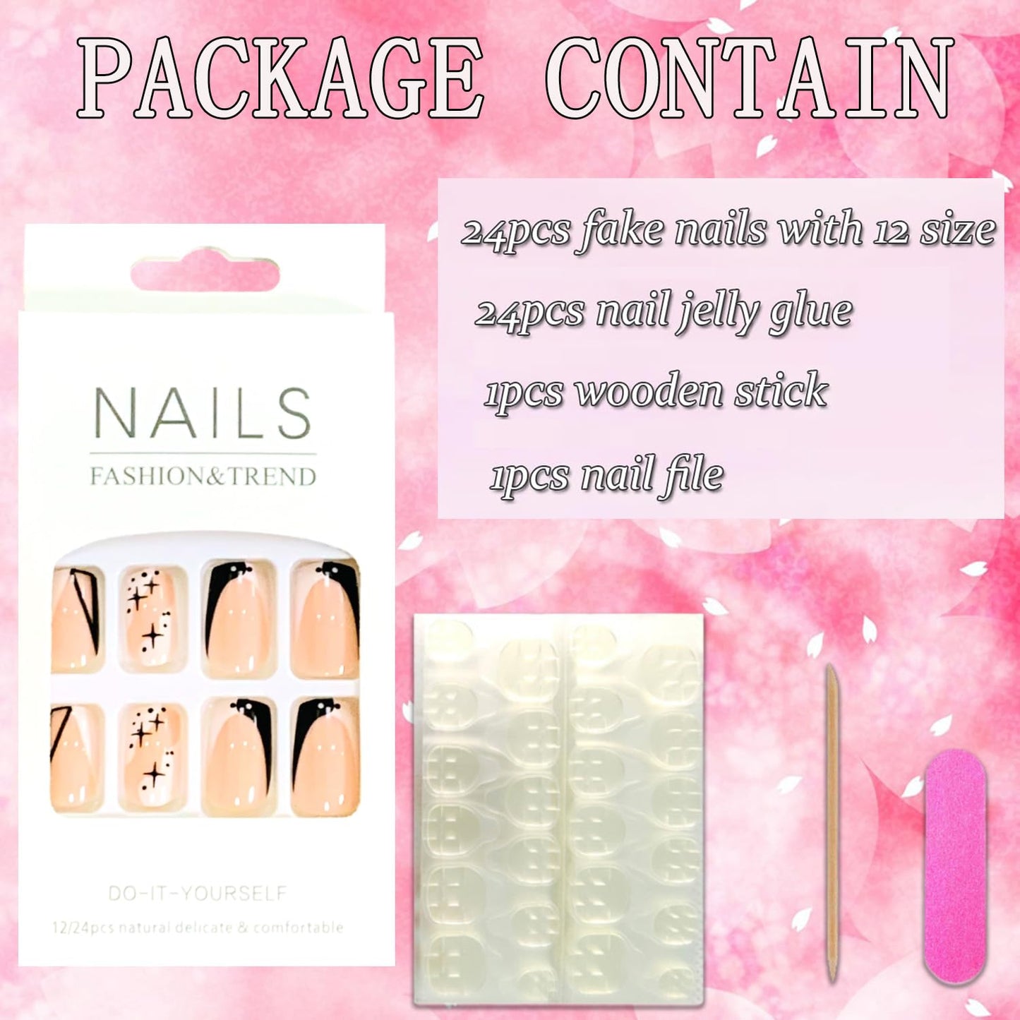 Vezocim Press on Nails Square Shapes 24Pcs French Tips Glossy Full Cover Medium Acrylic Square False Nails with Star Designs Artificial Coffin Medium Fake Nails Glue Stick ons Fingernails for Women