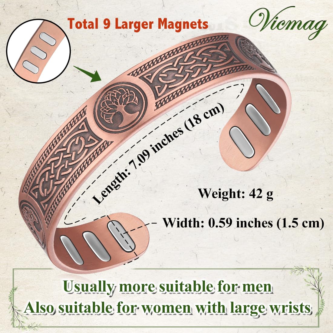 Vicmag Copper Bracelet for Men 9X Strength Magnetic 99% Pure Copper with 5000 Gauss Magnets, Tree of Life Present Box Adjustable(Viking Tree)