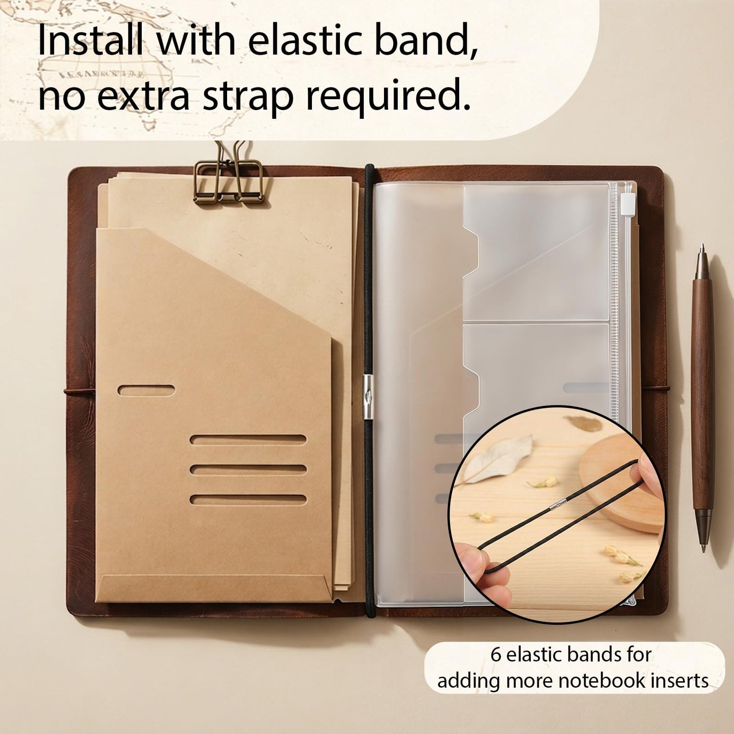 Travelers Notebook Accessories Kit - Kraft File Folders,PVC Zipper Pouches,Pen Holders,Binder Clips,Elastic Bands for Travel Journal Organizer(2 Pack, A5 Size)