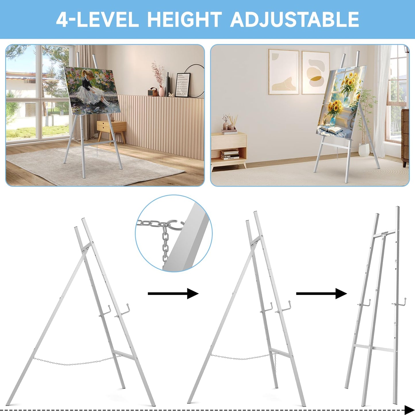 Easel Stand for Sign, Heavy Duty Metal Display Easel with Adjustable Chain, 4-Tier Height Art Easel for Painting, Wedding Sign, Posters & Commercial Display (Silver)