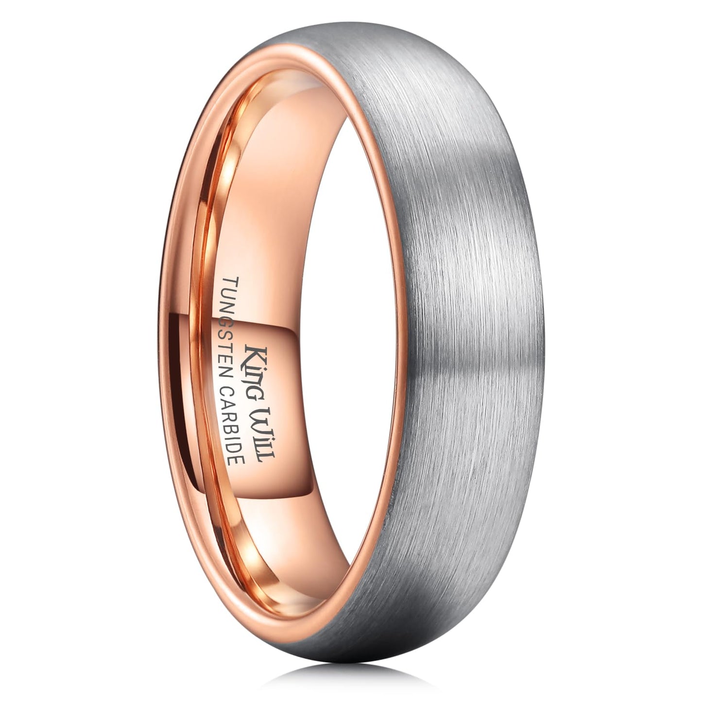 King Will 6mm Silver and Rose Gold Wedding Band for Men Women, Domed Brushed Tungsten Carbide Rings, Comfort Fit, Size 10.5