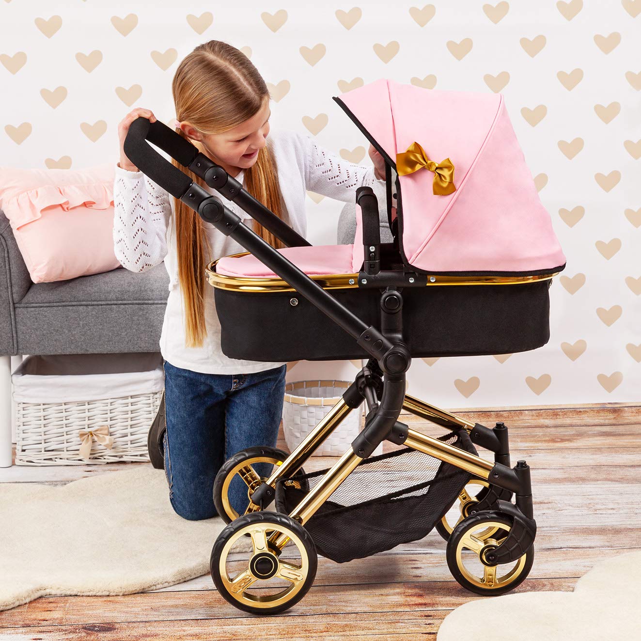 Bayer Pram Neo Vario Convertible Doll Stroller, Pink Black Gold, Foldable Toy with Shoulder Bag, Ages 3+