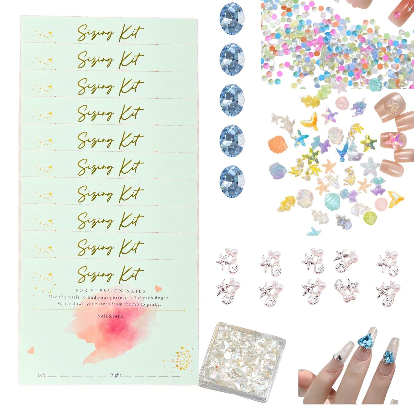 Press On Nails Sizing Kit Card and Ocean Nail Charms Bundle