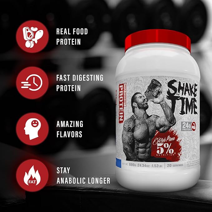 5% Nutrition Rich Piana Shake Time | 26G Animal Based Protein Drink | Grass-Fed Beef, Chicken, Whole Egg (Cookies & Cream)