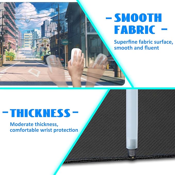 Desk Mat, Anime Summer Street Scenery Extended Gaming Mouse Pad Large, 31.5"x11.8" Big Mouse Pad with Non-Slip Base and Stitched Edge, Long Computer Keyboard Mouse Mat for Home Office Work