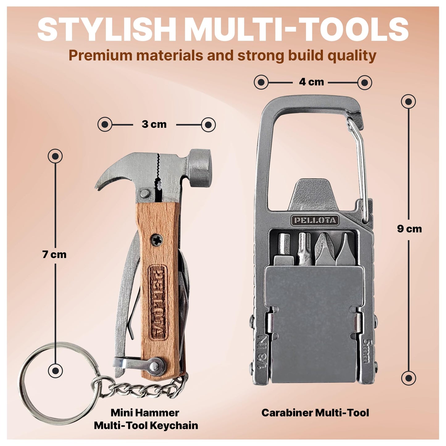 Pellota Multi Tool Prizes [17-in-2] for Adults - Multi Tool for Men, Multitool, Small Hammer, Small Tools, Hammer Multitool, Gifts for Men, Dad, Husband, Camping, Bottle opener, retrieve card pin