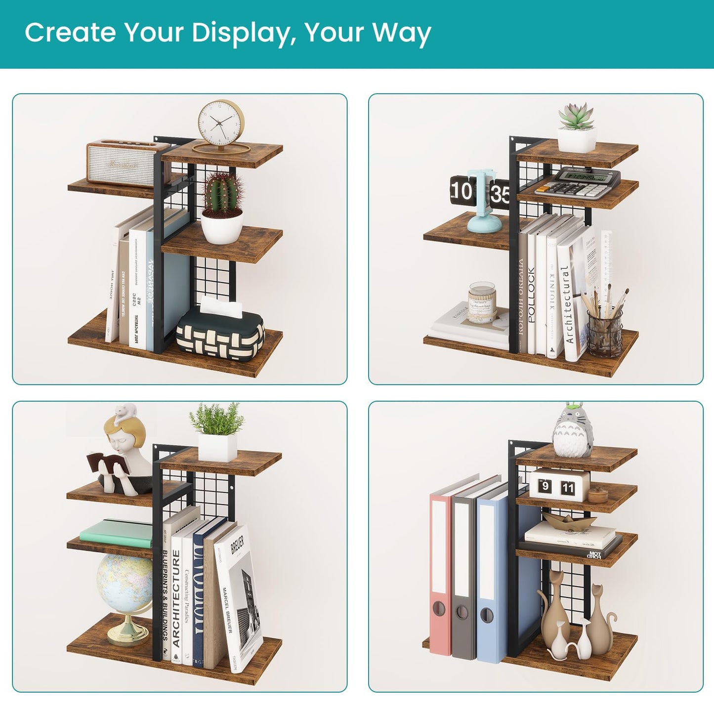 ELITEROO Desktop Shelf Organizer, 4-Tier Wooden Desk Bookshelf, Small Tabletop Book Shelf, Adjustable Display Rack for Home, Office, Dorm, Rustic Brown