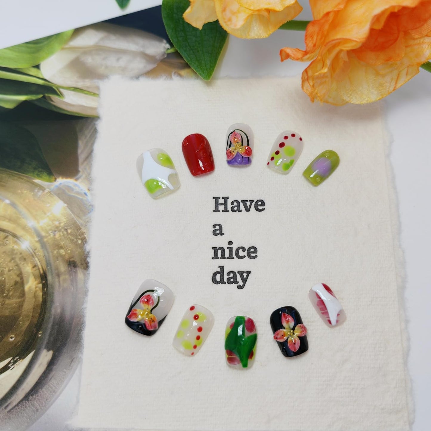 Short Square Press on Nails 3D Flower False Nails with Designs, Glitter Fake Nails Handmade Reusable Manicure Kit (Multicolor#Small)