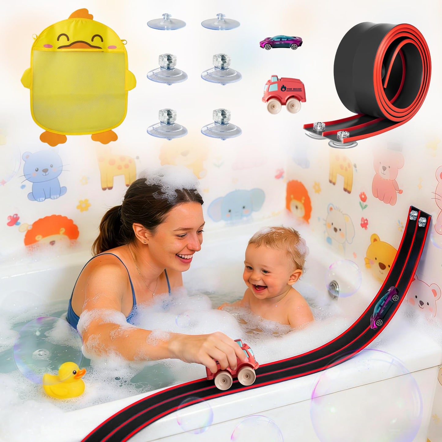 Race Car Bath Toy Set, Toddler Bath Toys, Flex Race Track Car Set, Kids Bathtub Gift, Including Mesh Storage Bag - Suction Cup, for Ages 3 & Up (10-Piece Set) (Black & Red)