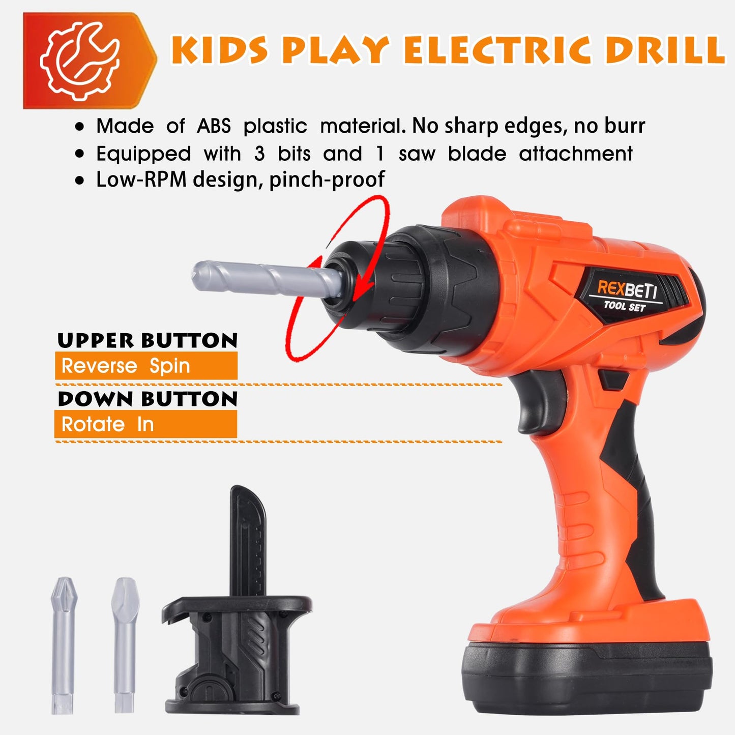 REXBETI Kids Tool Set with Box and Electronic Toy Drill, Pretend Play Kids Workbench Construction Kits, Toddler Tool Set, Birthday Gifts for Ages 3-8 Years Old