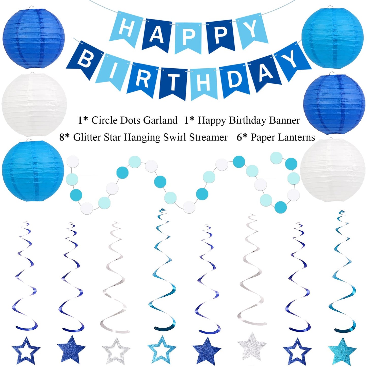 Happy Birthday Decorations, Blue Birthday Party Decorations Set with Happy Birthday Banner, Paper Lanterns, Star Swirl Hanging Decorations & Circle Dots Garland