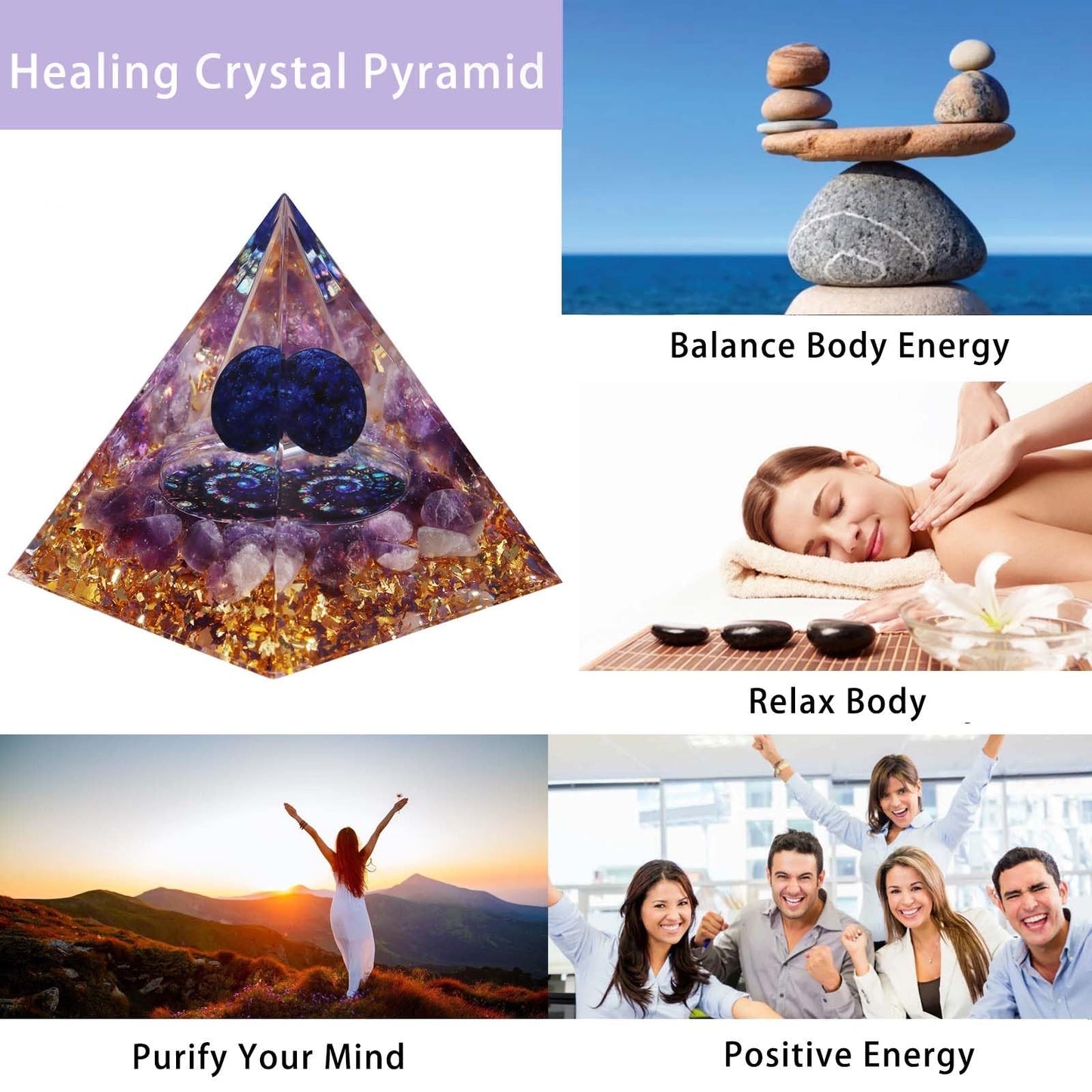 Crystal Pyramid, Lapis Lazuli & Amethyst Healing Crystal Pyramid Porstive Energy Generator, Natural Crystals Energy Pyramid for Attract Wealth Success and Lucky