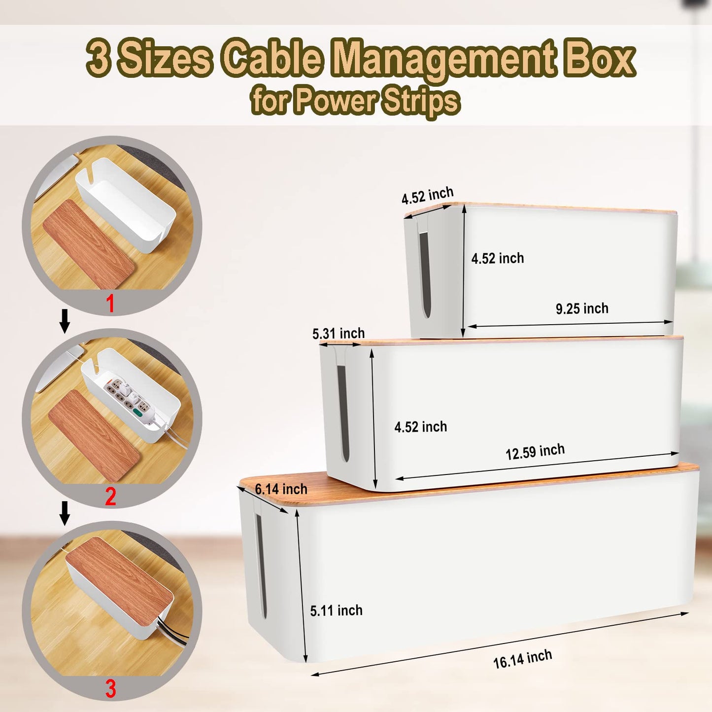 YUANYE Cable Management Box Cable Management Kit for Power Strip to Hide Wires,Cord Organizer Boxes,Safe ABS Material Wire Organizer of Cable Clips Sleeve for Home & Office,3Pack-128PCS/White