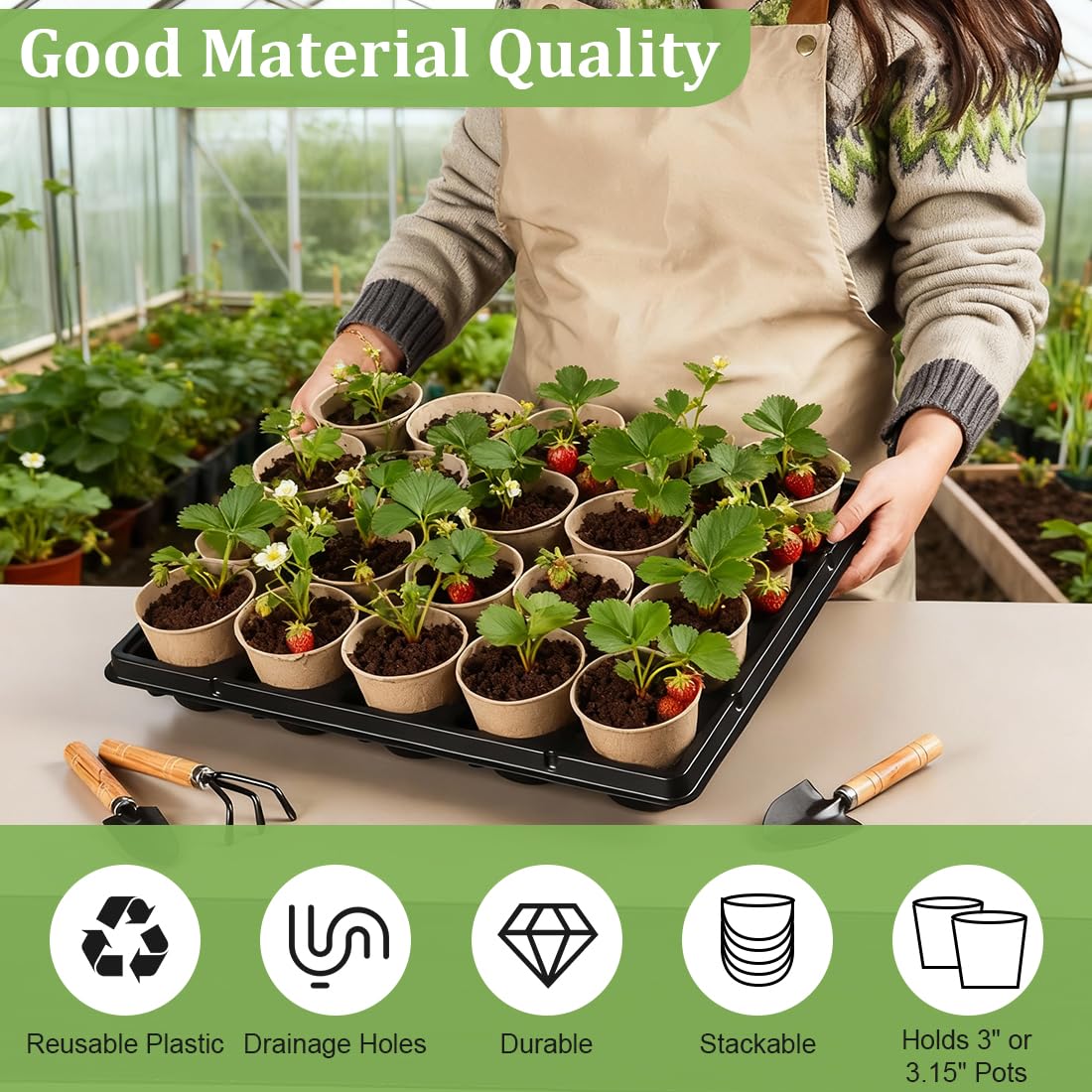 RooTrimmer 3.15 Inch Peat Pots 100 Pcs with 20 Cell Seedling Trays 5 Pcs, Biodegradable Seed Starter Pots with Drainage, Reusable Nursery Tray for Seed Starting Indoor Gardening Propagation Kit 5 Sets