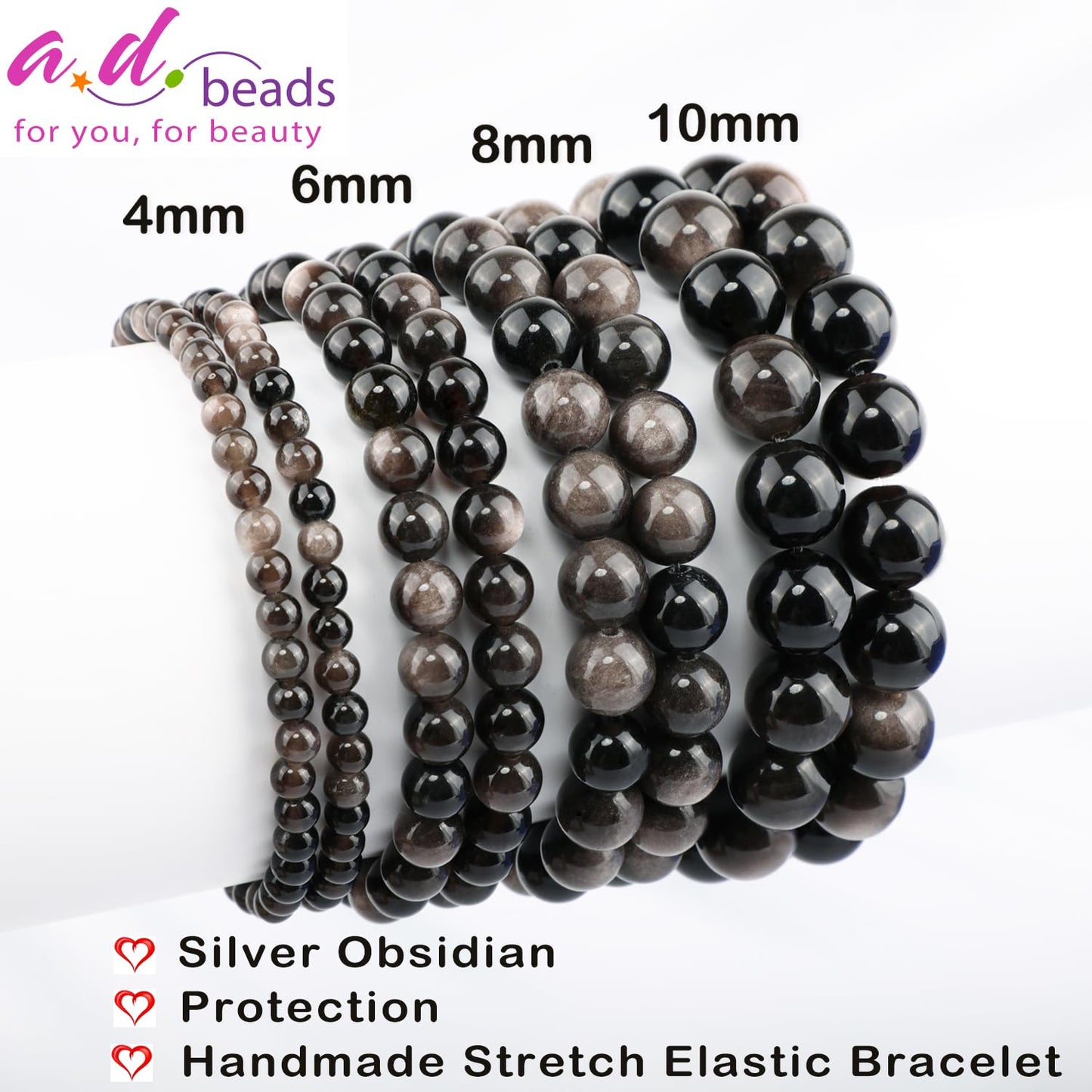 AD Beads 8mm Handmade Silver Obsidian Elastic Bracelet – Natural Gemstone for Protection – Meditation, Yoga, Healing and Energy Gift for Men Women