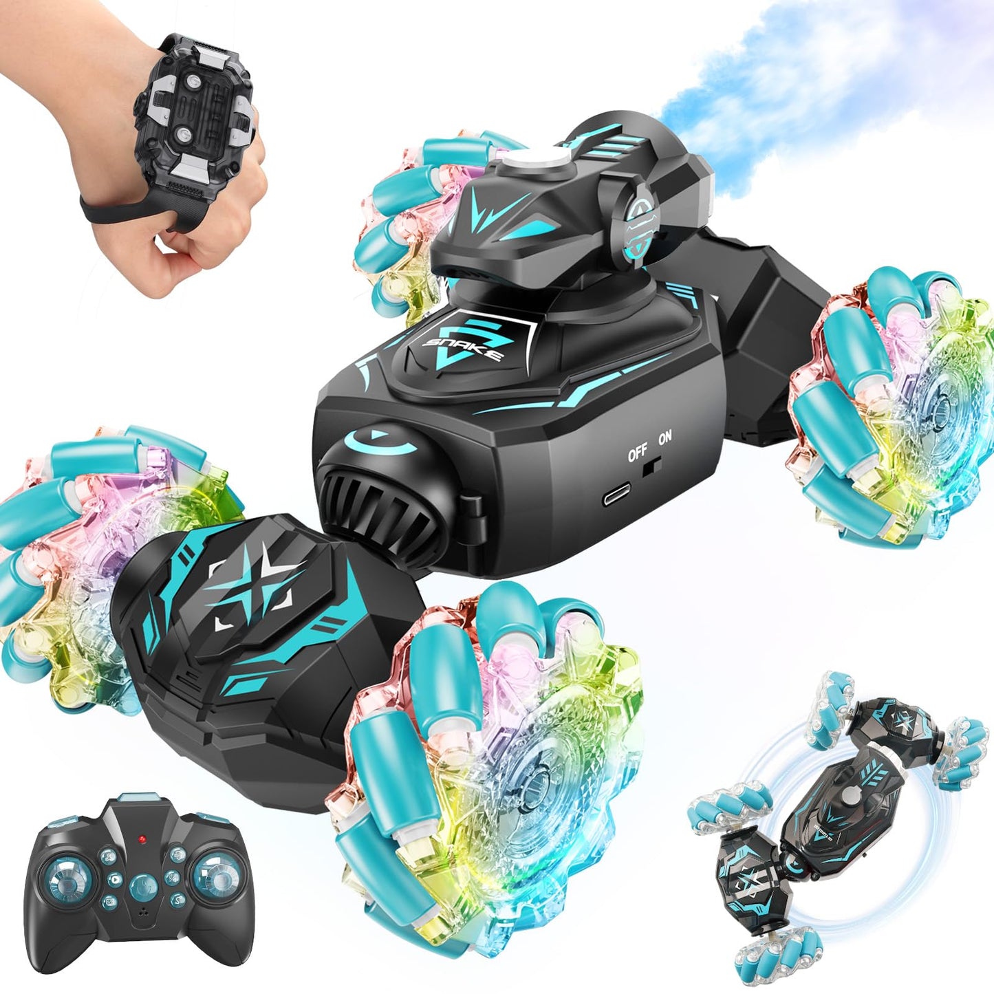 FDCTR Gesture Sensing Remote Control Car, RC Cars Toys for Boys Age 6-12, 4WD Hand Controlled Twist & Transform 360° Spins Stunt Car with Mist, Light & Music, 8-10 Year Old Boys Birthday Gift Blue
