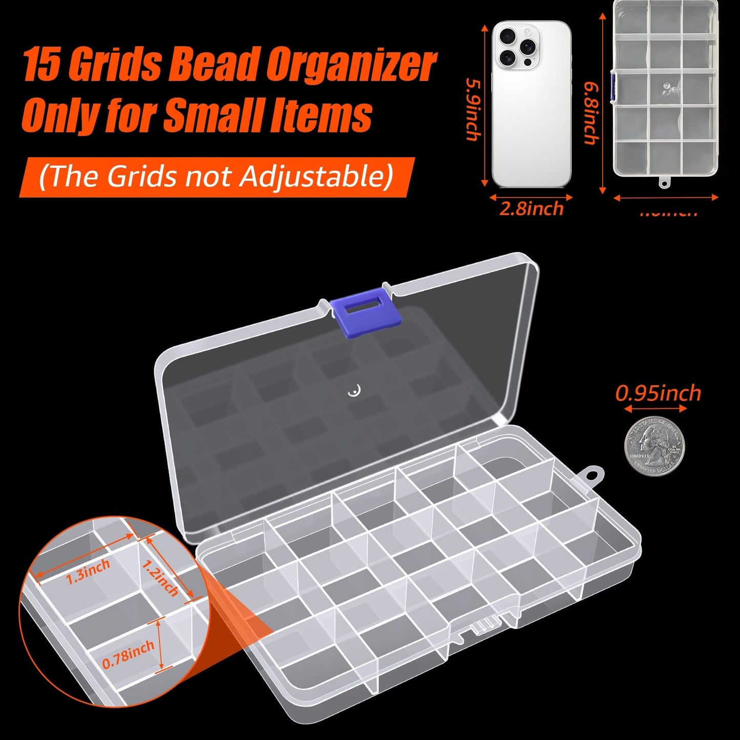 Vlammende 5-Pack 15 Grids Bead Organizer,Plastic Organizer Storage Box Clear Fishing Tackle Box,Diamond Jewelry Craft Painting Storage Case for Jewelry,Beads,Tools