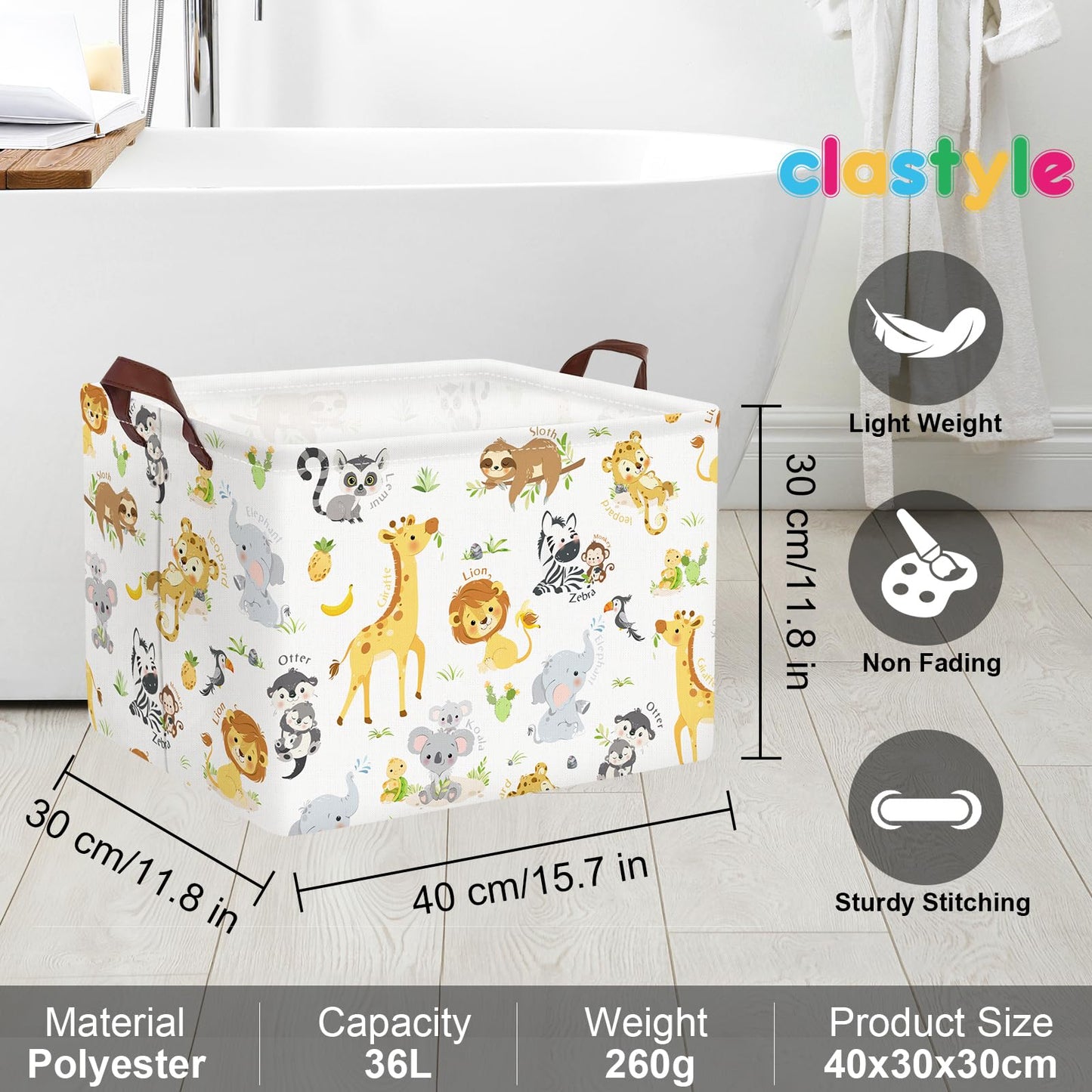 Clastyle Rectangular Baby Storage Basket Large Collapsible Kid Toy Bin Nursery Classroom Books Shelf Basket Shower Towel Gift Basket Giraffe Lion Elephant Pet Basket(Animal)
