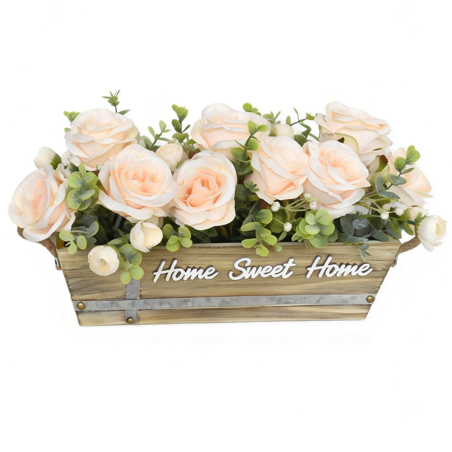 ANMAYNICE Artificial Rose Flower Arrangement with Eucalyptus in Wooden Planter, Faux Flowers Farmhouse Table Centerpiece, “Home Sweet Home” Rustic Home Décor, Champagne
