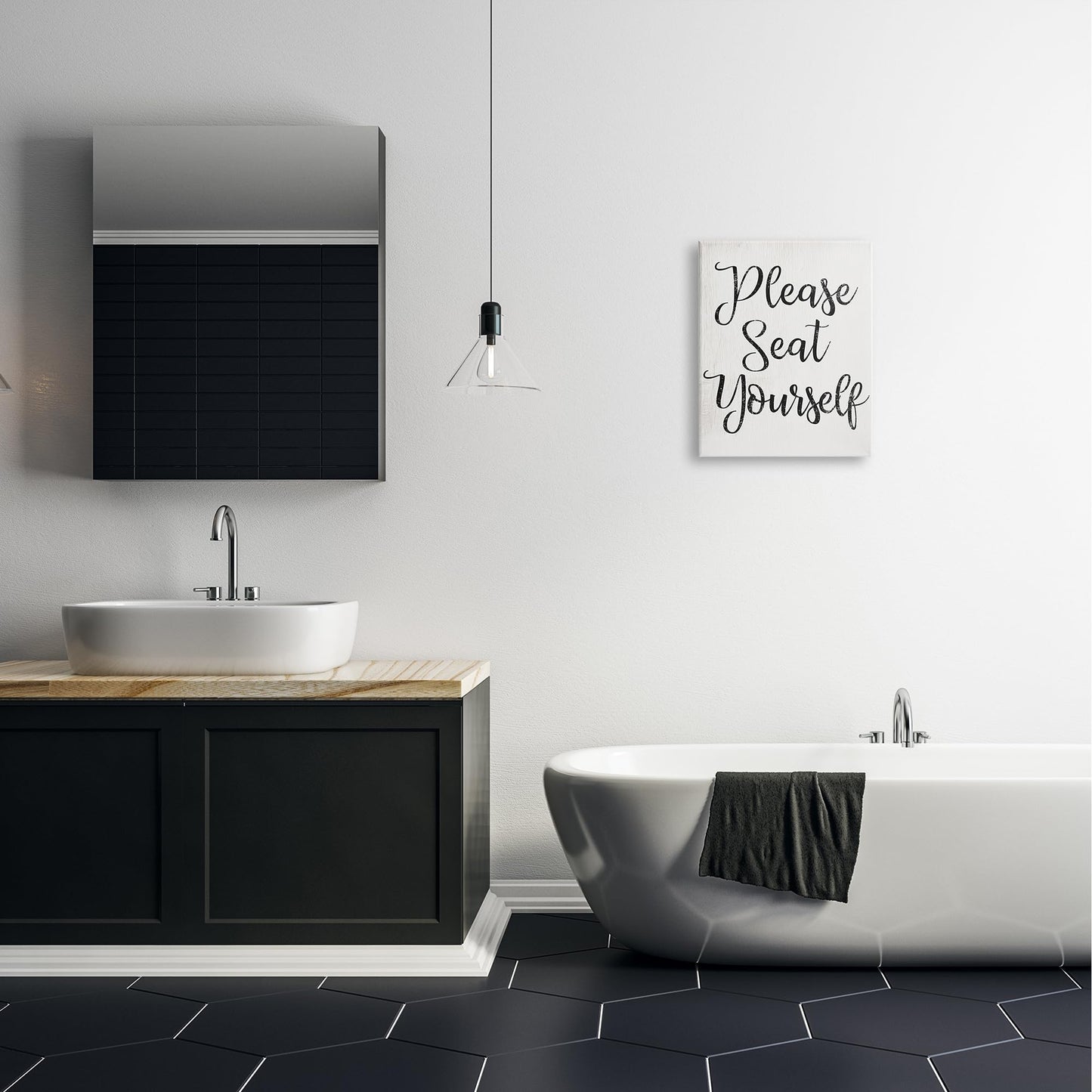 Stupell Industries 'Black and White Textured Wood Look Please Seat Yourself Script Typography', Canvas Art, 16 x 20 Inches, Easy to Hang and Sturdy, Made in USA, by Lil' Rue