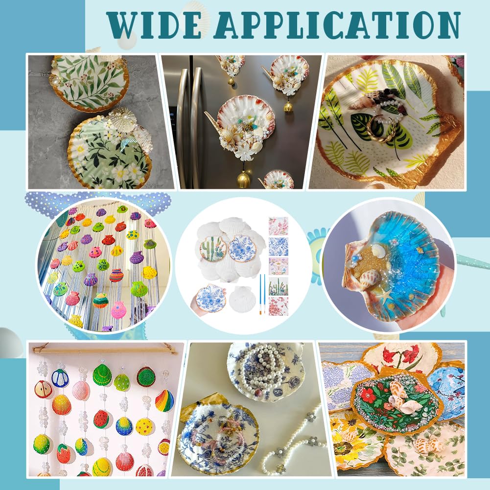 NBEADS Scallop Shells for Crafts, 15 Pcs Natural Shells 40 Pcs 8 Styles Decoupage Paper Napkins 4 Pcs Plastic Paint Strips and Brushes Decorative Paper for DIY Crafting Birthday Party