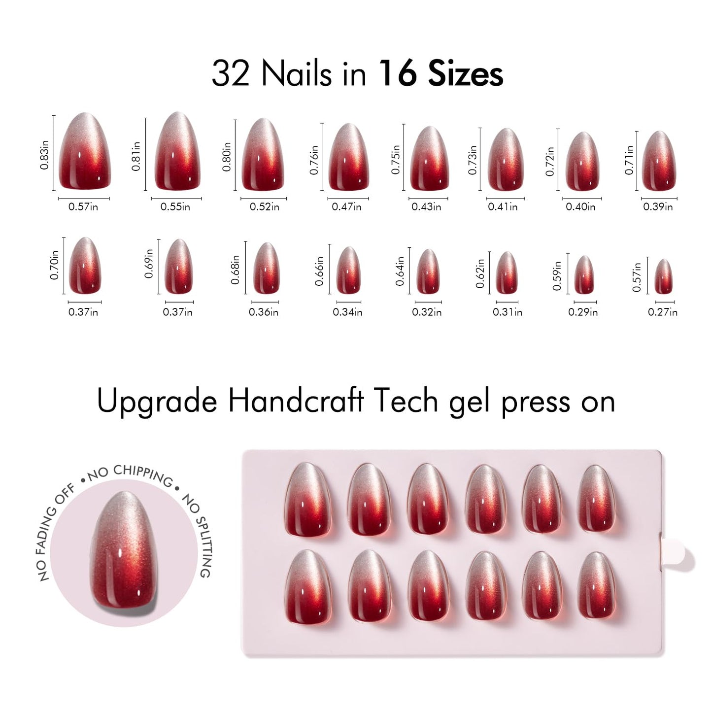 VSALON Press On Nails Short Almond, Cherry Red Cat Eye Spring Glue on Ombre Chrome Fake Nails With UV Cure Glue, Reusable Salon Quality Summer Stick On Nails False Nails Kit, 32 Pcs 16 Sizes