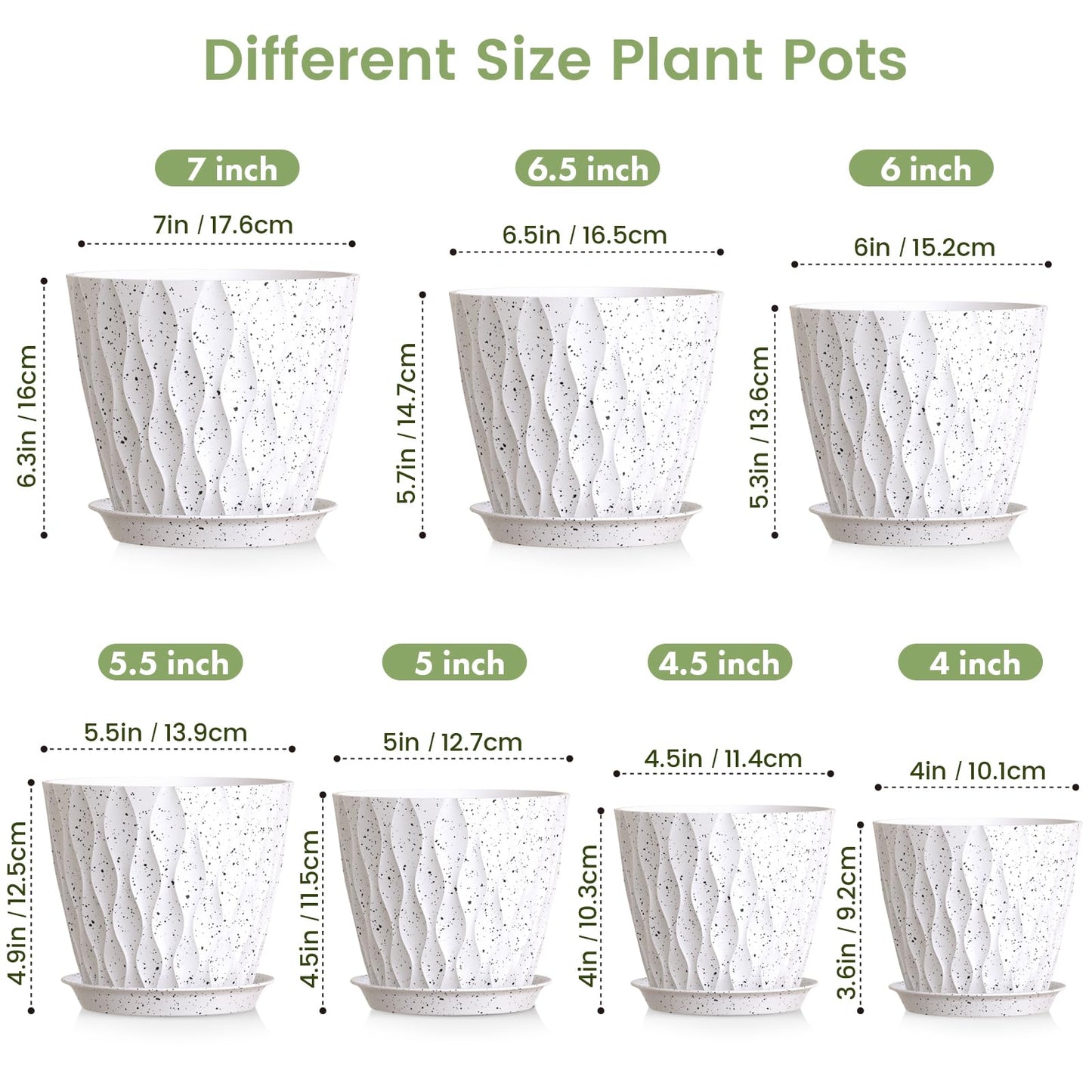 Meowell 7/6.5/6/5.5/5/4.5/4 inch Plant Pots for Indoor Outdoor Plants, 7 Pack Thick Flower Pots with Drainage Holes and Saucers, Modern Wave Texture Plastic Planters Nursery Pots, Speckled White