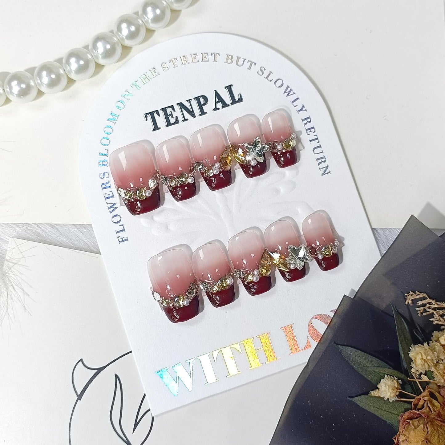 TENPAL Berry Red Glitter French Tips Press on Nails with Rhinestones,Handmade Reusable Bridal Fake Nails with Kit,Y2K Long Lasting Soft Gel Valentines nails(S)