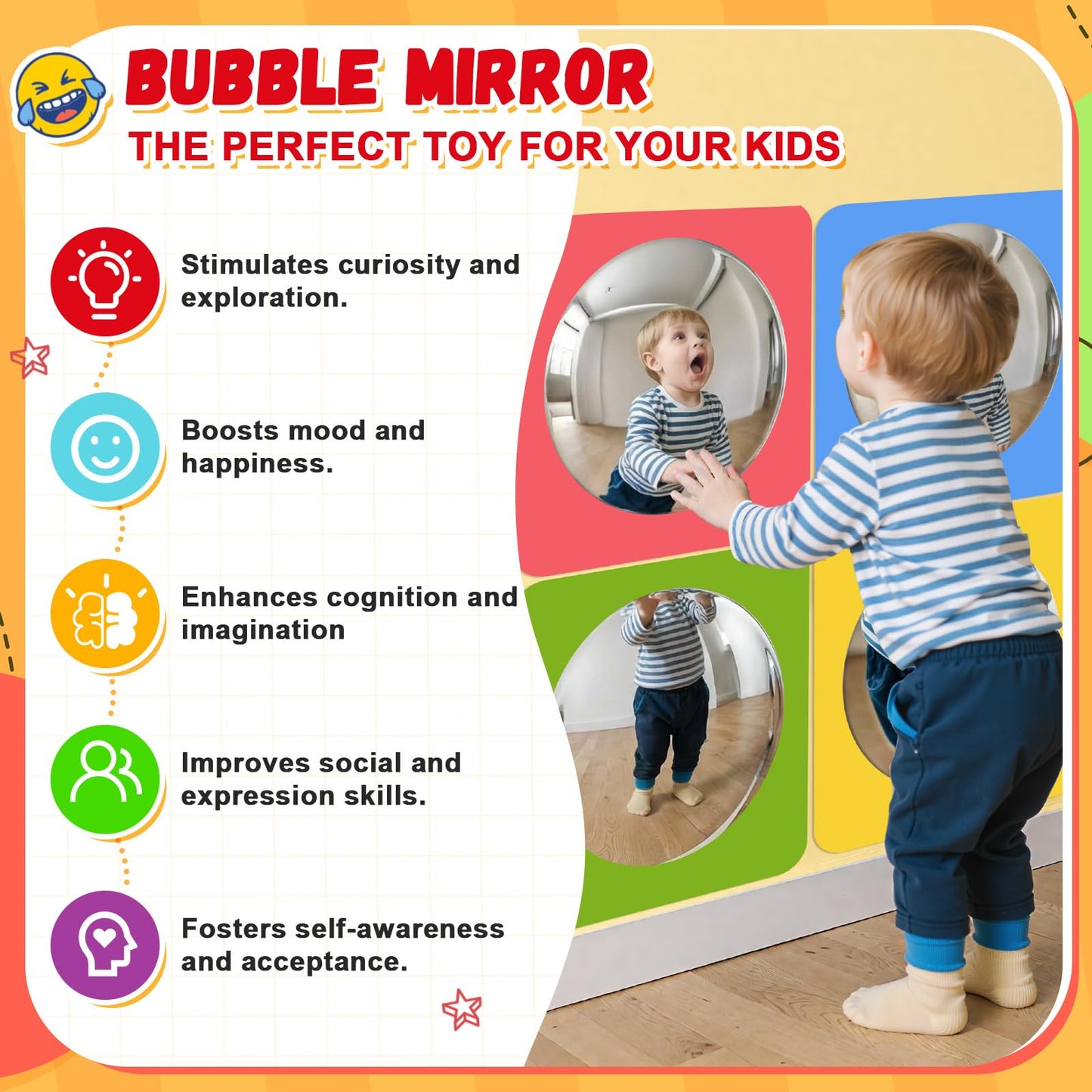 Geiserailie 4 Pcs Sensory Wall Mirror Acrylic Bubble Mirror Toys for Calming Corner Items - Sensory Room Have Visual, Tactile Stimulation (6 x 6 Inch,Pink,Yellow,Green,Blue)