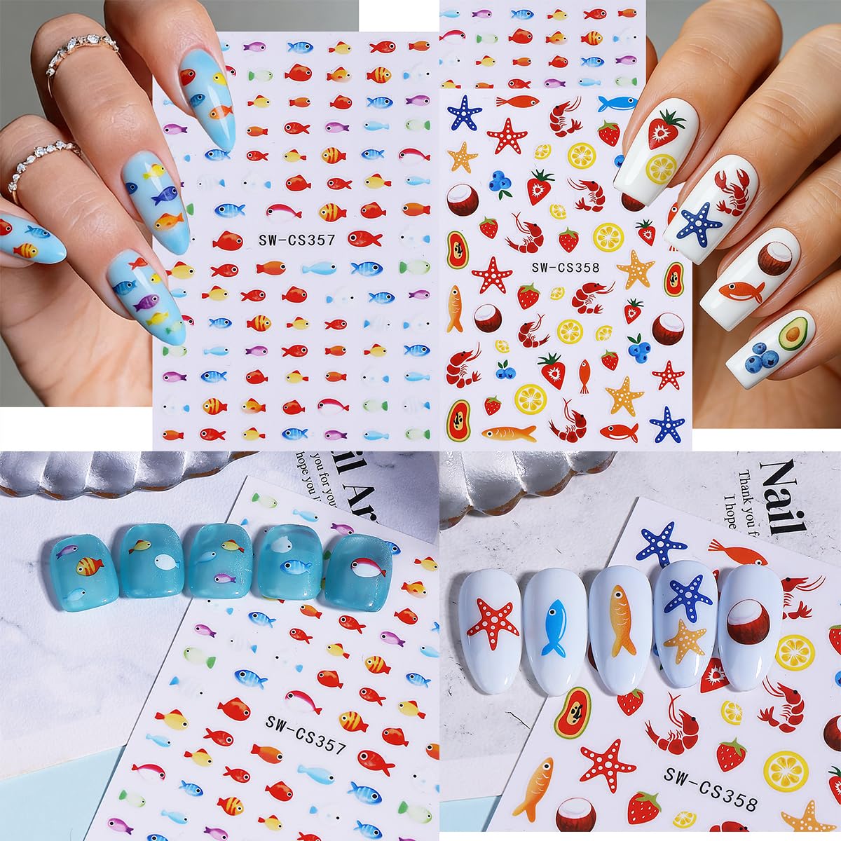 Summer Beach Nail Stickers 8 Sheets - Starfish, Sea Turtle, Palm, Fish & Whale Design, Self-Adhesive Nail Decals for Women, DIY Manicure Supplies