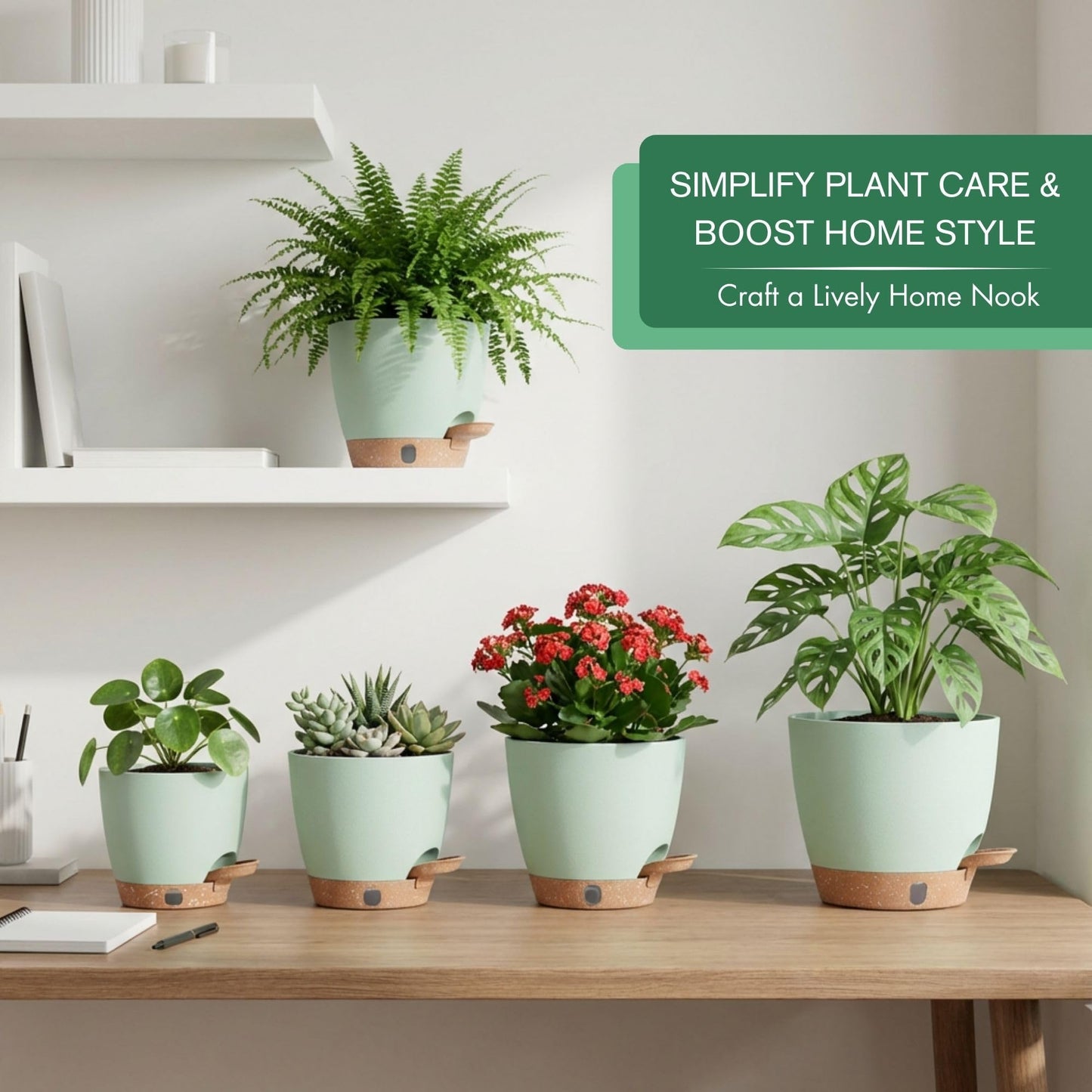 montresor 5 Pack Green 5/5.5/6/6.5/7 Inch Self Watering Planters for Outdoor, Plastic Plant Pots with Wick & Drainage, Small to Medium Indoor Pots for Snake Plant, Aloe