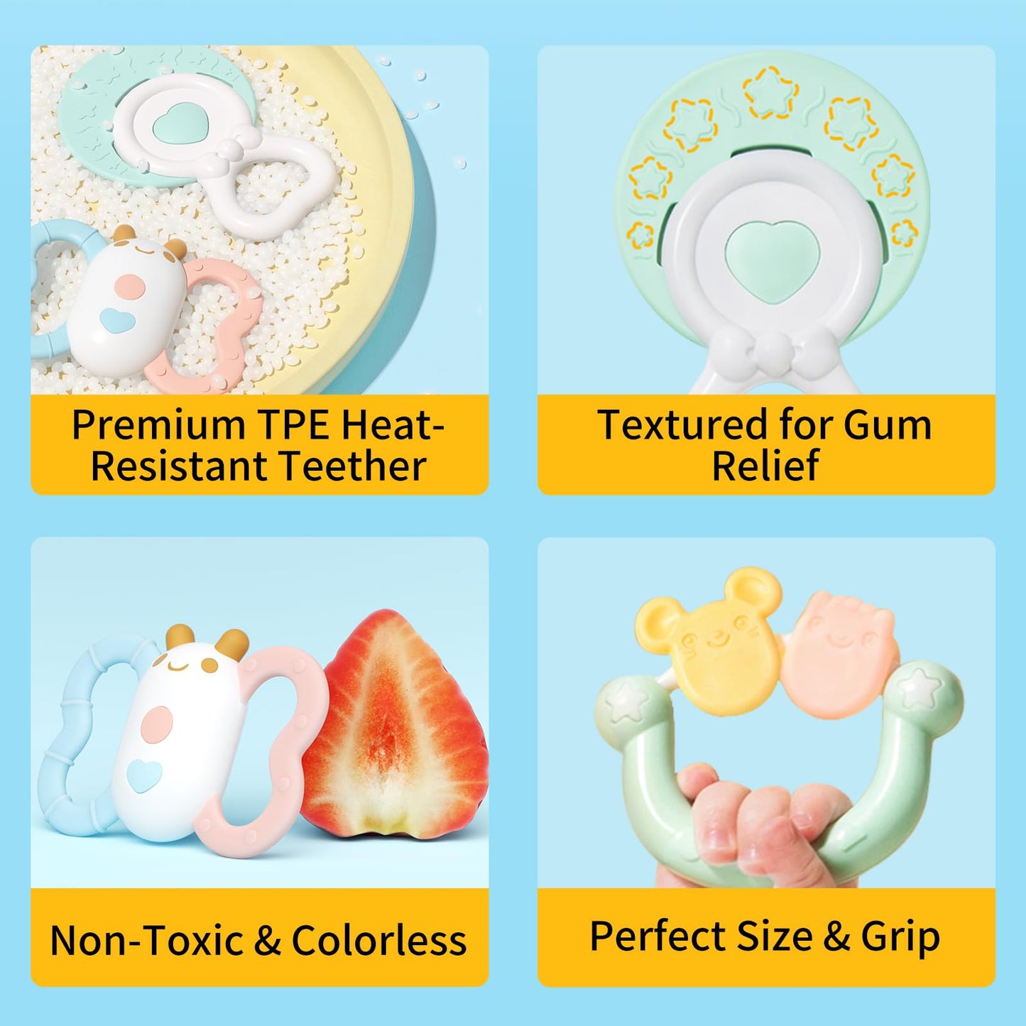 auby Cozy Bunny Newborn Gift Set - 6-in-1 Baby Soothing Essentials with Teethers, Plush Blanket & Hanging Toys for Crib,Stroller,Sensory Development,Machine Washable