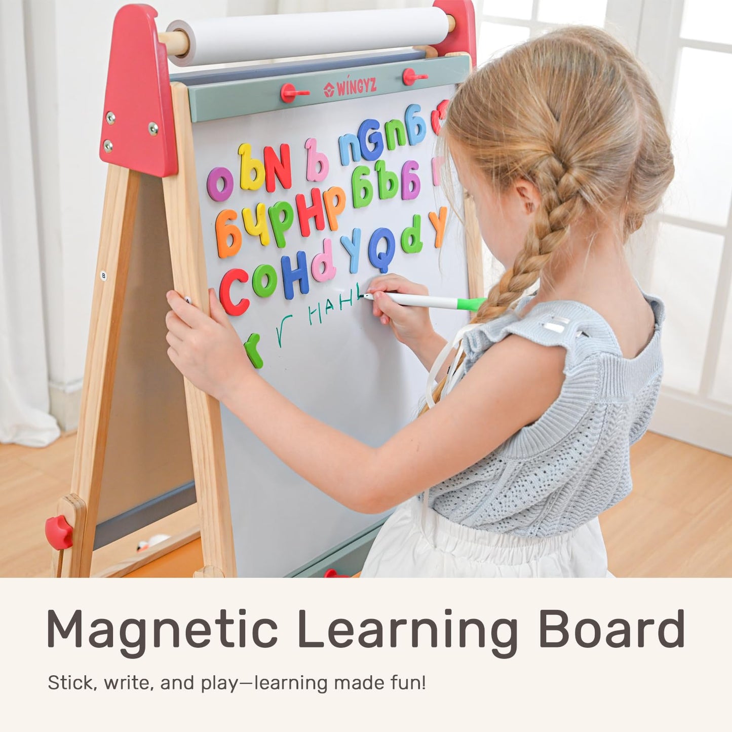 WINGYZ 3-in-1 Art Easel for Kids – Sturdy Pine Wood Easel with Magnetic Whiteboard, Chalkboard & 400" Paper Roll, Foldable Adjustable Heights for Ages 2-12, Complete Tool-Free Art Station