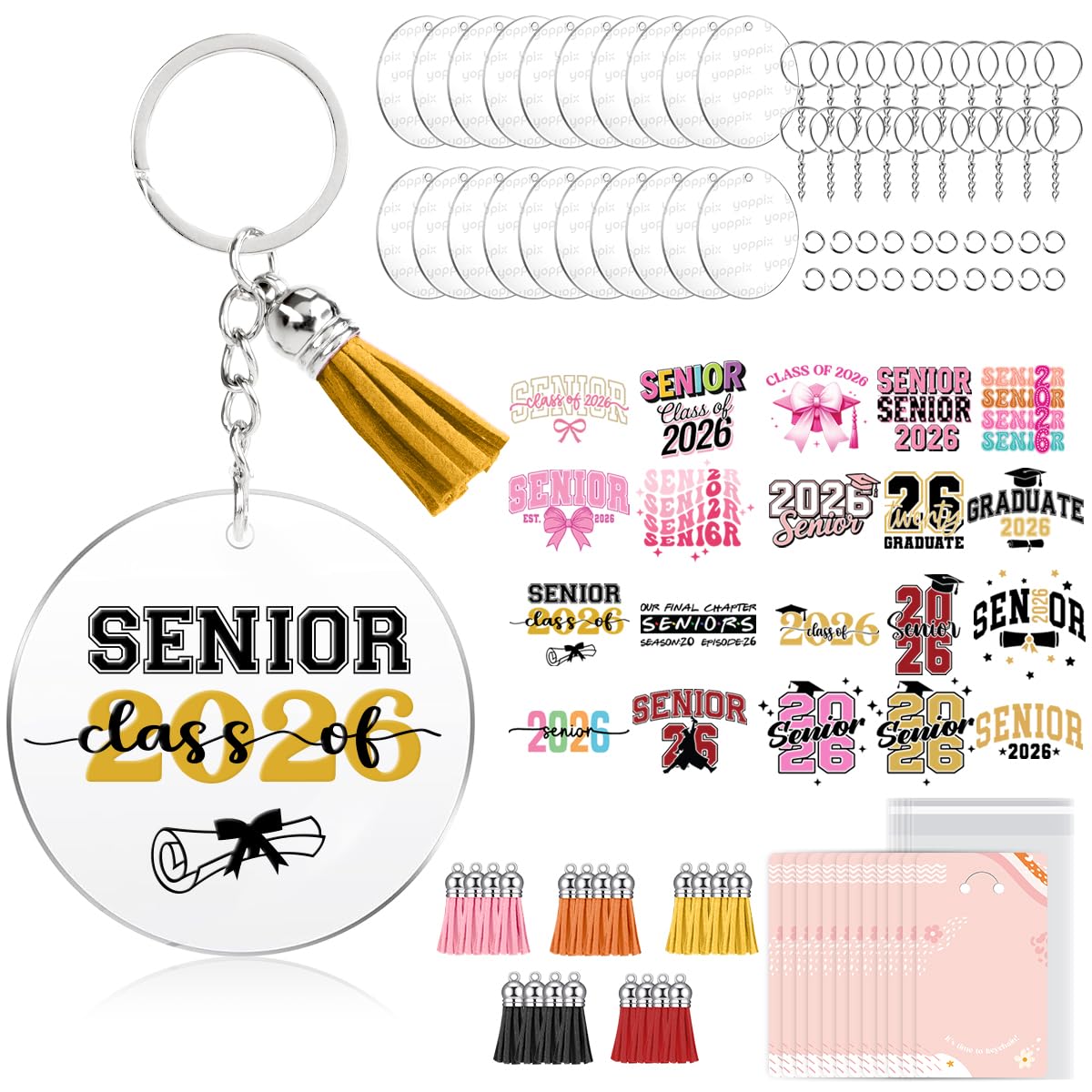 YOPPIX 140 PCS Acrylic Keychain Blank Set, 2026 Graduation Season Double-Sided UV DTF Stickers Acrylic Keychain Making Kits for Vinyl DIY Craft Project