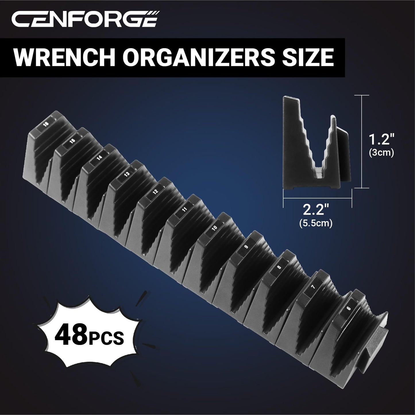 CENFORGE 48PC Modular Wrench Organizer Magnetic, Wrench Organizer for Tool Box Drawer - Wrench Holders with Metric & SAE Labels, Gift for Mechanics (48, Black)