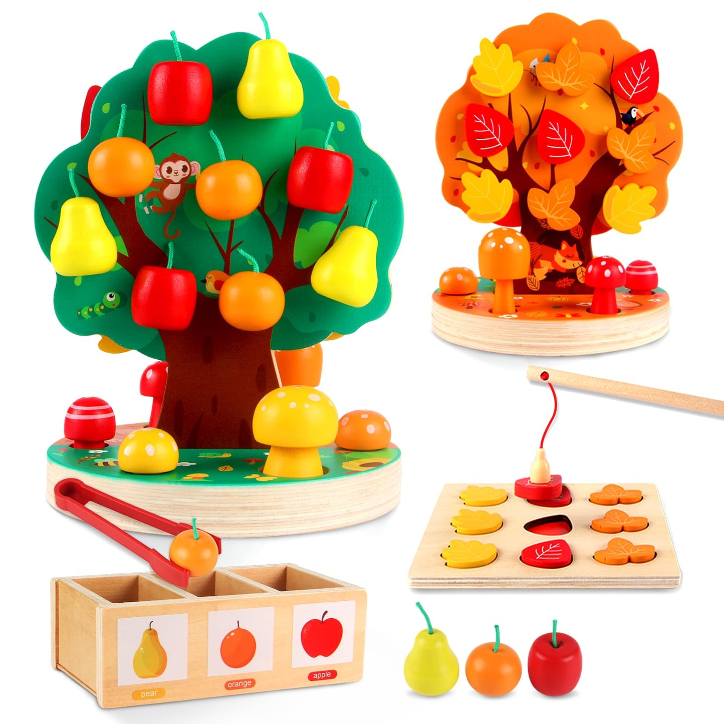 INIFEIDALA Montessori Apple Picking Magnetic Tree Toy-Wooden Peg Board Bead Game