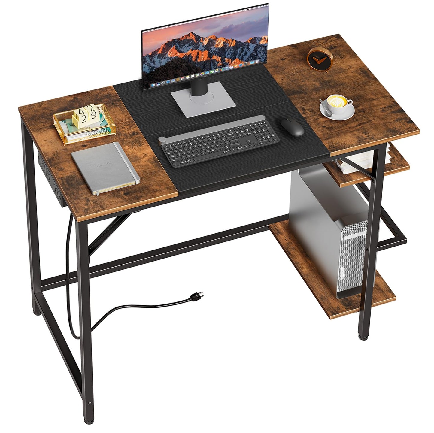 HOOBRO Computer Desk, Home Office Desk with Power Outlet, Writing Desk with 2 Shelves, Modern Small Desk for Home Office, Study, Easy to Assemble, Rustic Brown and Black BF43UDN01
