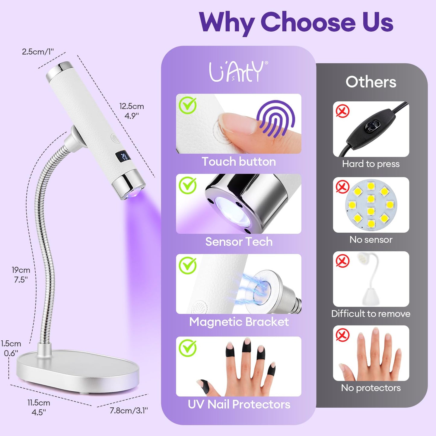 LIARTY UV Nail Lamp Cordless: Mini Rechargeable Auto Sensor LCD Display 2 Timers - Gooseneck Flash Curing Light Pen for Gel Nails Polish with Base (White)