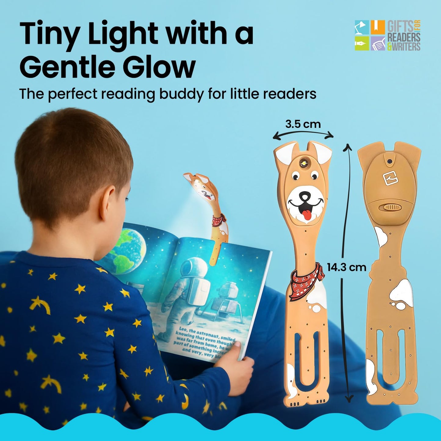 Gifts for Readers & Writers Book Light for Kids, Clip On Reading Light for Bed, 2in1 Flexilight Pals & Bookmark, Small & Lightweight with a Soft Glow, 2 Batteries Included, Dog