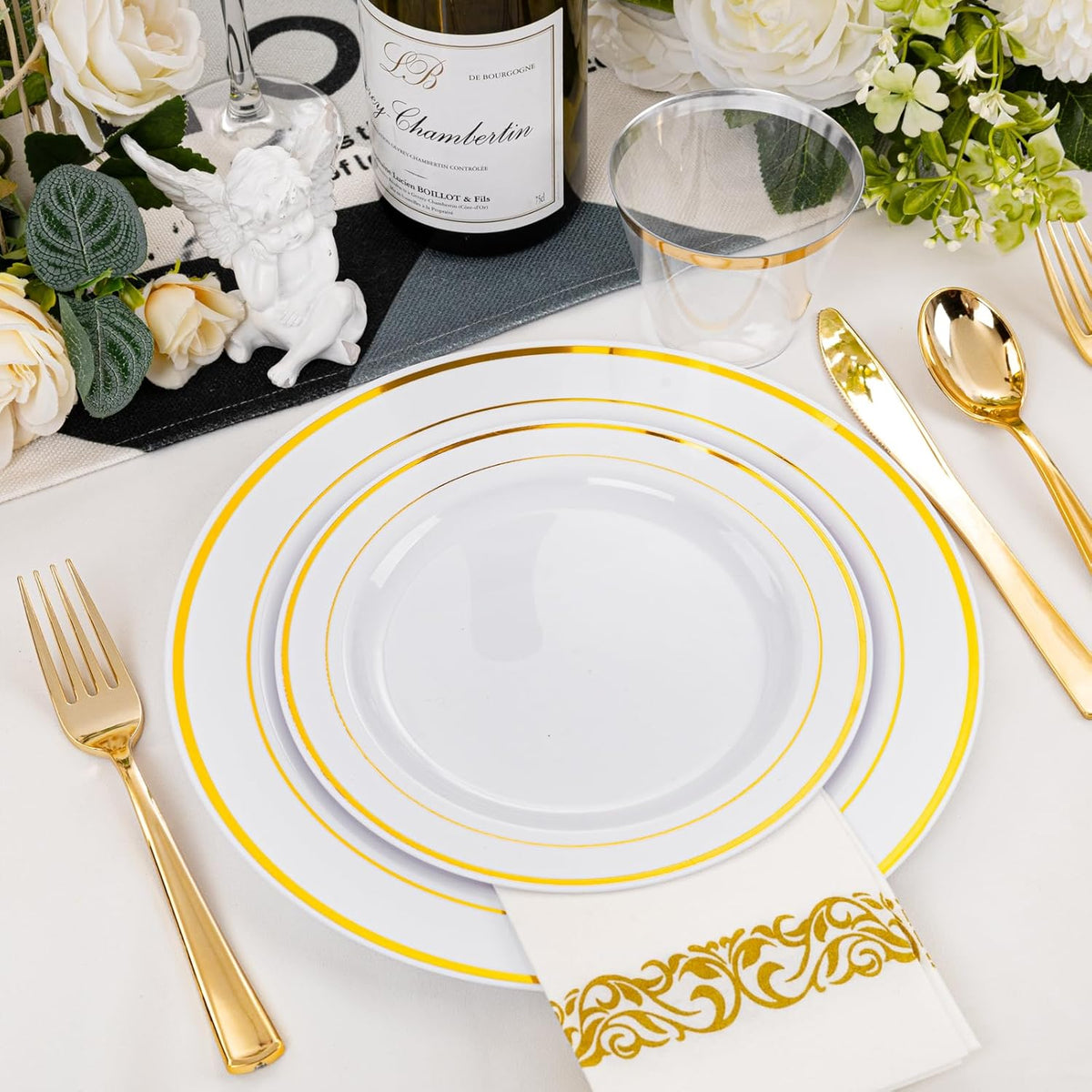 175 Pcs Gold Dinnerware Set, Plastic Plates Disposable for 25 Guests Include:25 Gold Rim Dinner Plates, 25 Dessert Plates, 25 Paper Napkins, 25 Cups, 25 Silverware Set Perfect for Party
