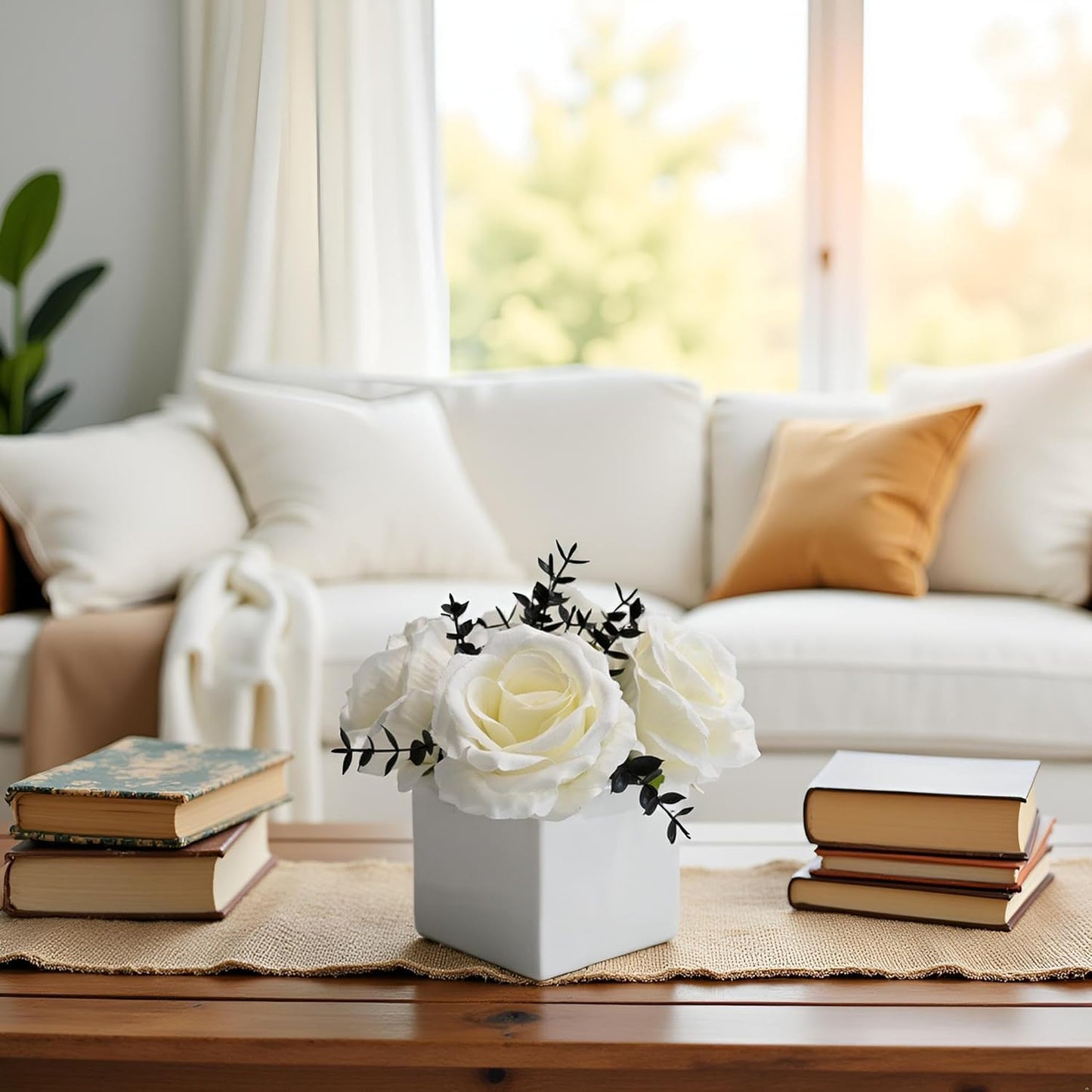 NAWEIDA Artificial Flowers with Vase, White Rose Faux Floral Arrangement with Black Eucalyptus, Minimalist Small Flower Decor for Desk, Coffee Table, Modern Home Decoration