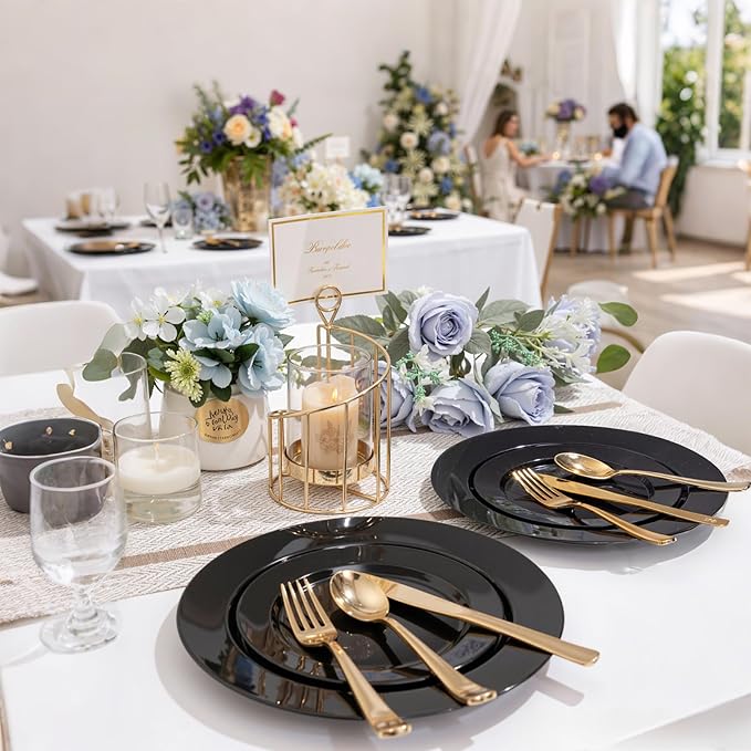 100Pcs Black Plastic Dessert Plates, Disposable Salad Plate, Premium Hard Fancy Small Plates, Heavy Duty Plastic Cakes Plates for Party, Wedding and Birthday