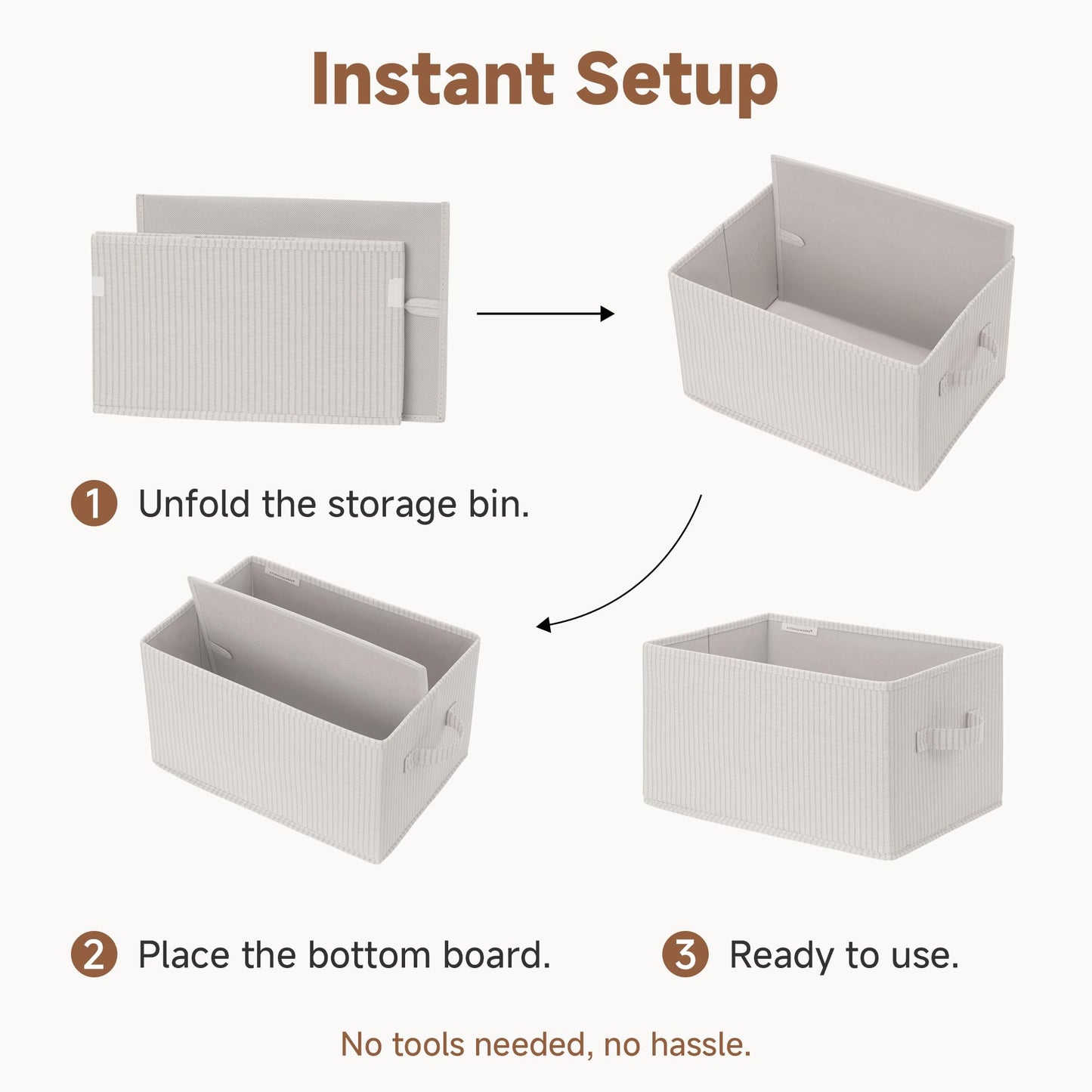 StorageWorks Foldable Shelf Organizer Bins, Closet Storage Baskets for Clothes, Fabric Storage Bins for Shelves, Beige Stripes, 3-Pack, Large