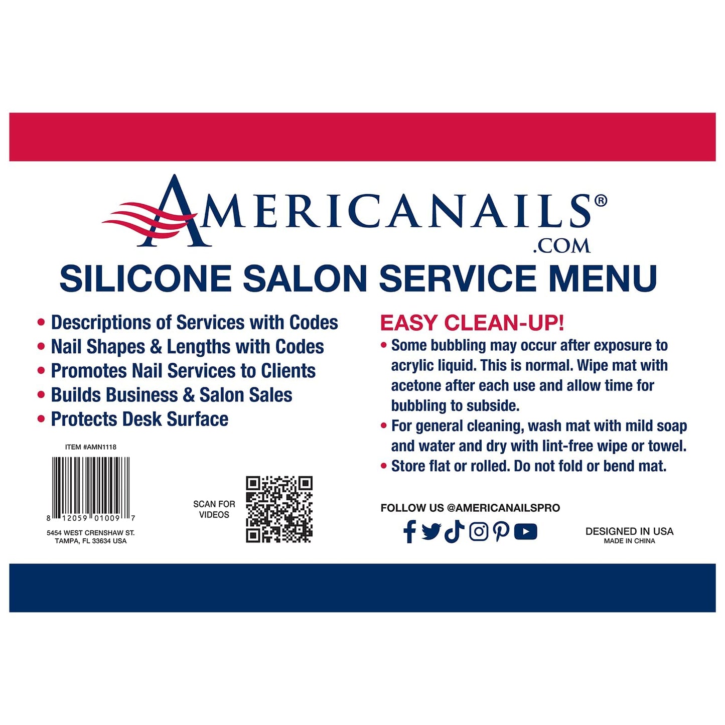 Americanails Silicone Salon Service Menu Mat, Professional Nail Salon Menu, Sales Tool, Helps Explain Services, Protects Nail Table, Wipes Clean With Acetone, Acrylic, Gel Natural Nail Services