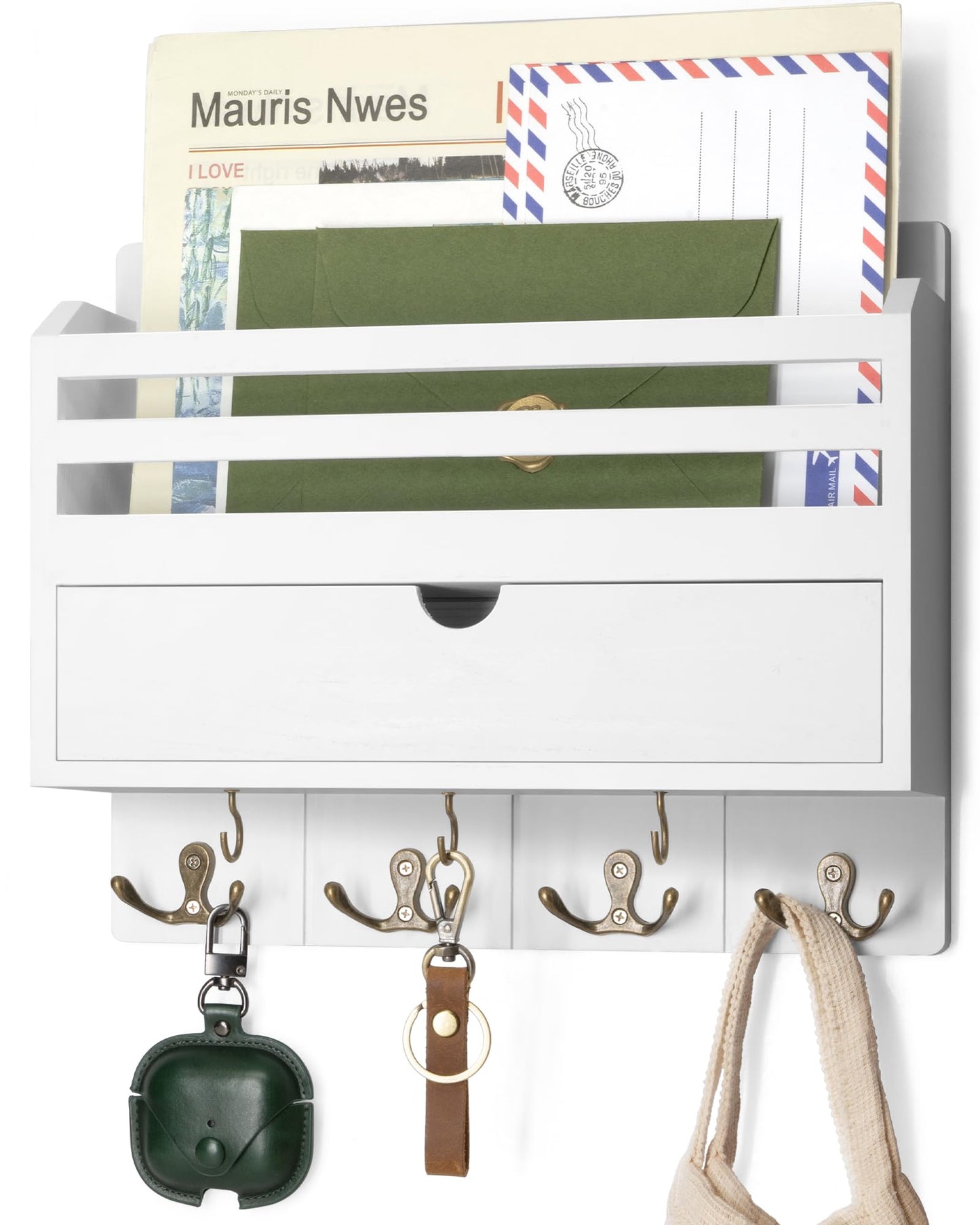 Rebee Vision Decorative Mail Organizer Wall Mount - Modern Key and Mail Holder for Wall with Drawer Organizer and 7 Key Hooks - Wall Decor Living Room for Apartment Essentials (White)