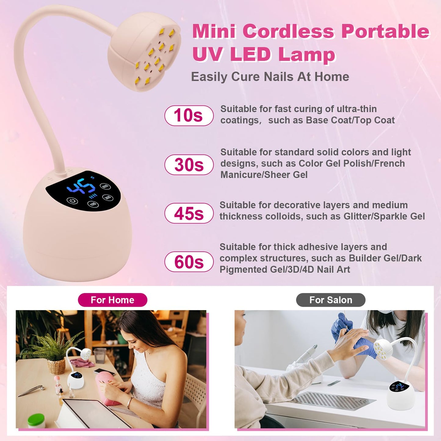 CGBE UV LED Nail Lamp, 36W Mini Cordless Flash Cure Lamp, USB Rechargeable Goosenecks LED Nail Light for Gel Nails with 4 Timers & Auto Sensor for Salon Home DIY Use, Pink