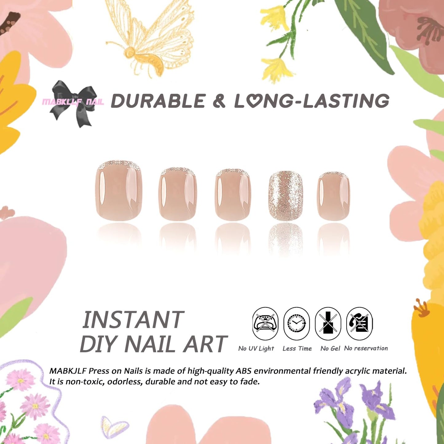 French Tip Press on Nails Glitter Petite Short Square Fake Nails Pink Nude Glossy Design Sparkly False Nails Glue on Nails with Full Cover Acrylic Stick for Women Girls Nail Decorations 24Pcs