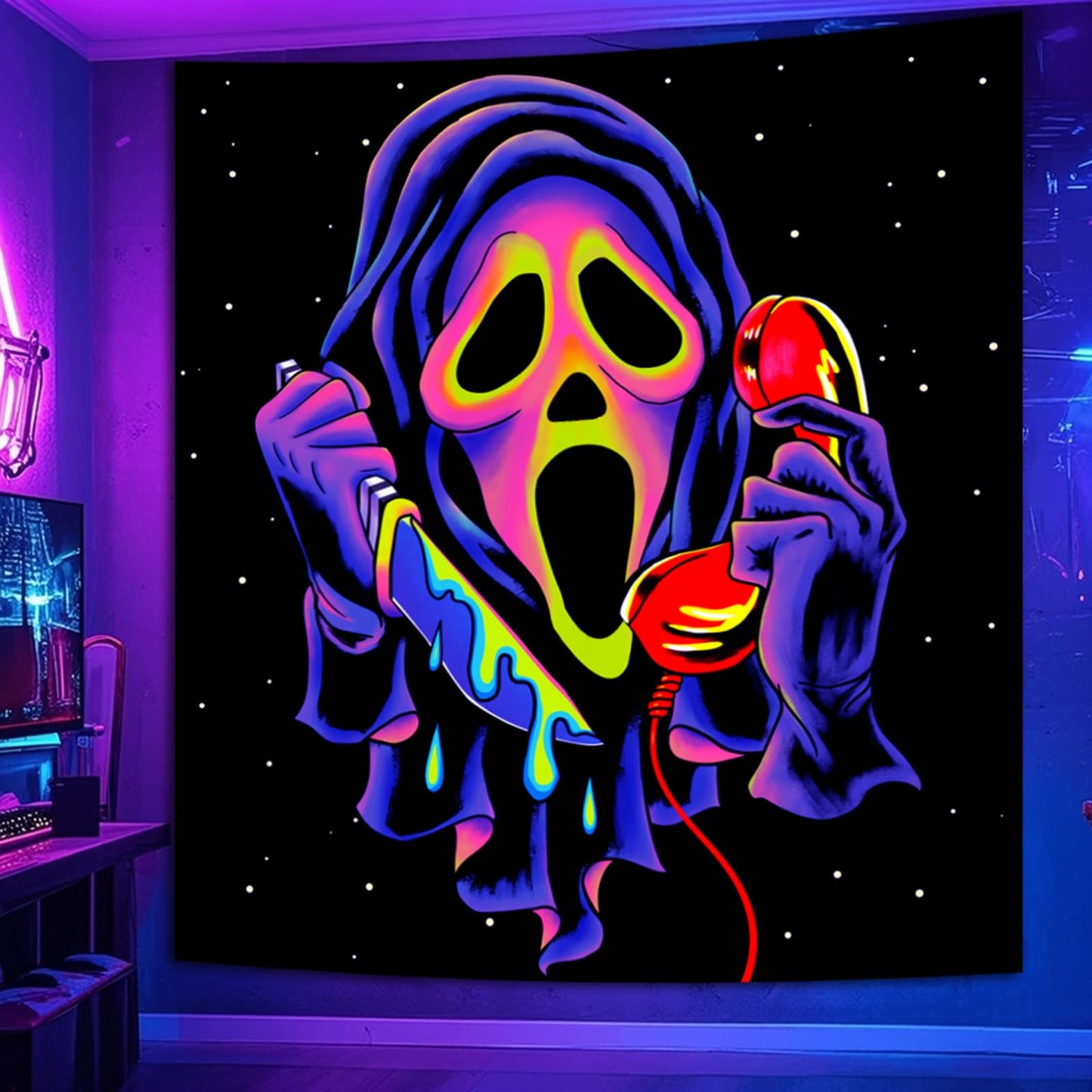 SparkLia Blacklight Horror Skull Tapestry, UV Reactive Neon Scary Face Wall Hanging, Glow in the Dark Spooky Decor for Bedroom, Gaming Room Party Decor - 51" x 59"