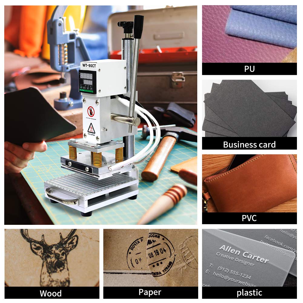 110V Hot Foil Stamping Machine 10x13cm with T-Slot & Movable Table for PVC Wood PU Leather Logo Embossing Bronzing